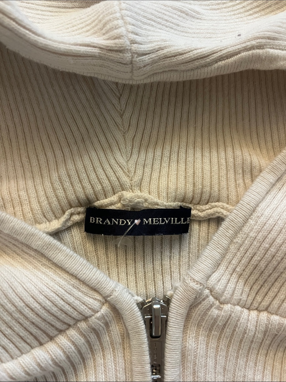Brandy Melville Cream Ribbed Zip-Up Hoodie